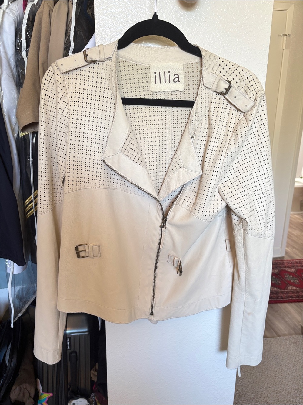 Illia Beige Perforated Leather Moto Jacket